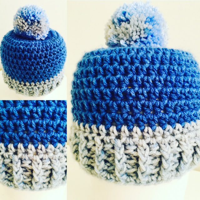 Crochet baby beanie in blue for the winter