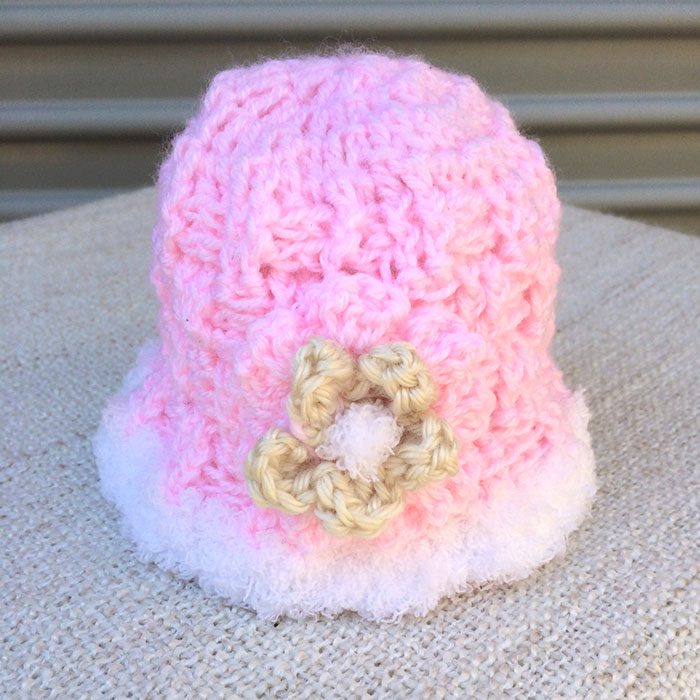 Finished crochet baby beanie pink white with silk flower