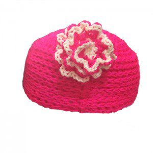 Crochet beanie pink colour with two colours flower